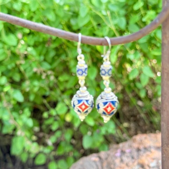 Vintage Sterling Cloisonne dangle Earrings - Picture 9 of 12